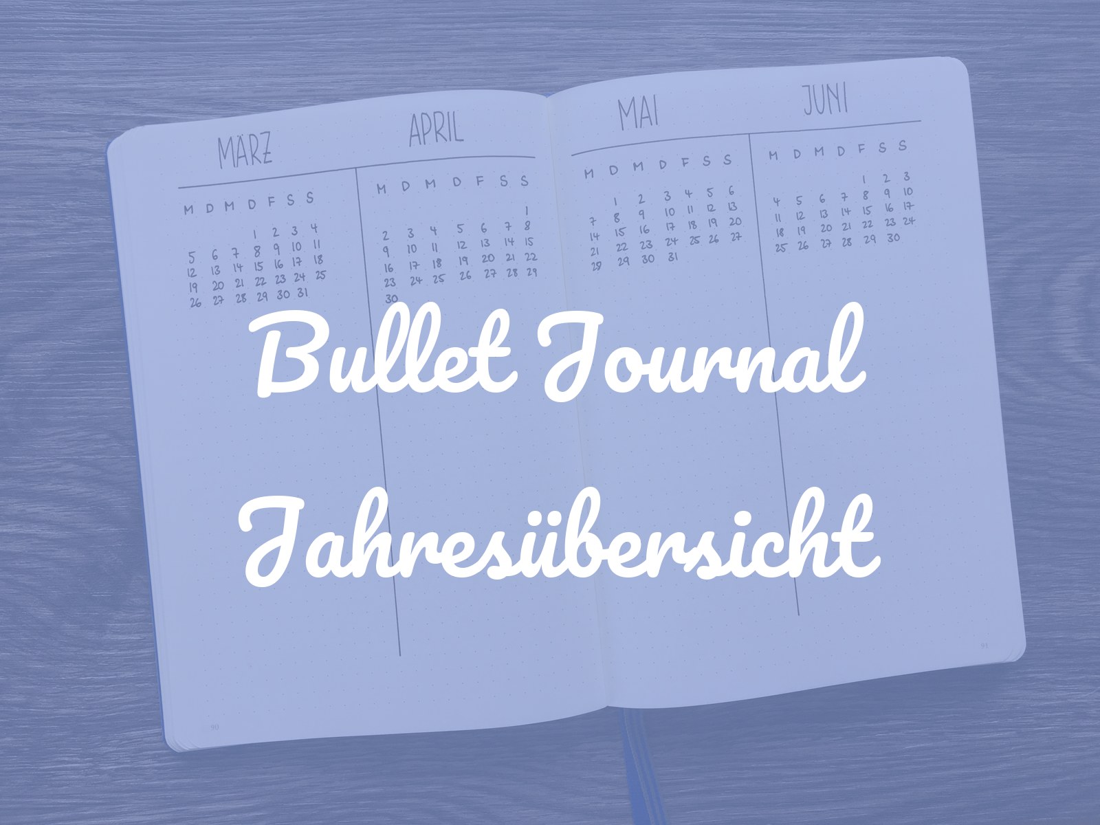 Aufgeschlagenes Bullet Journal mit einem Future Log für März bis Juni, je eine Spalte pro Monat mit einem kleinen Monatskalender oben