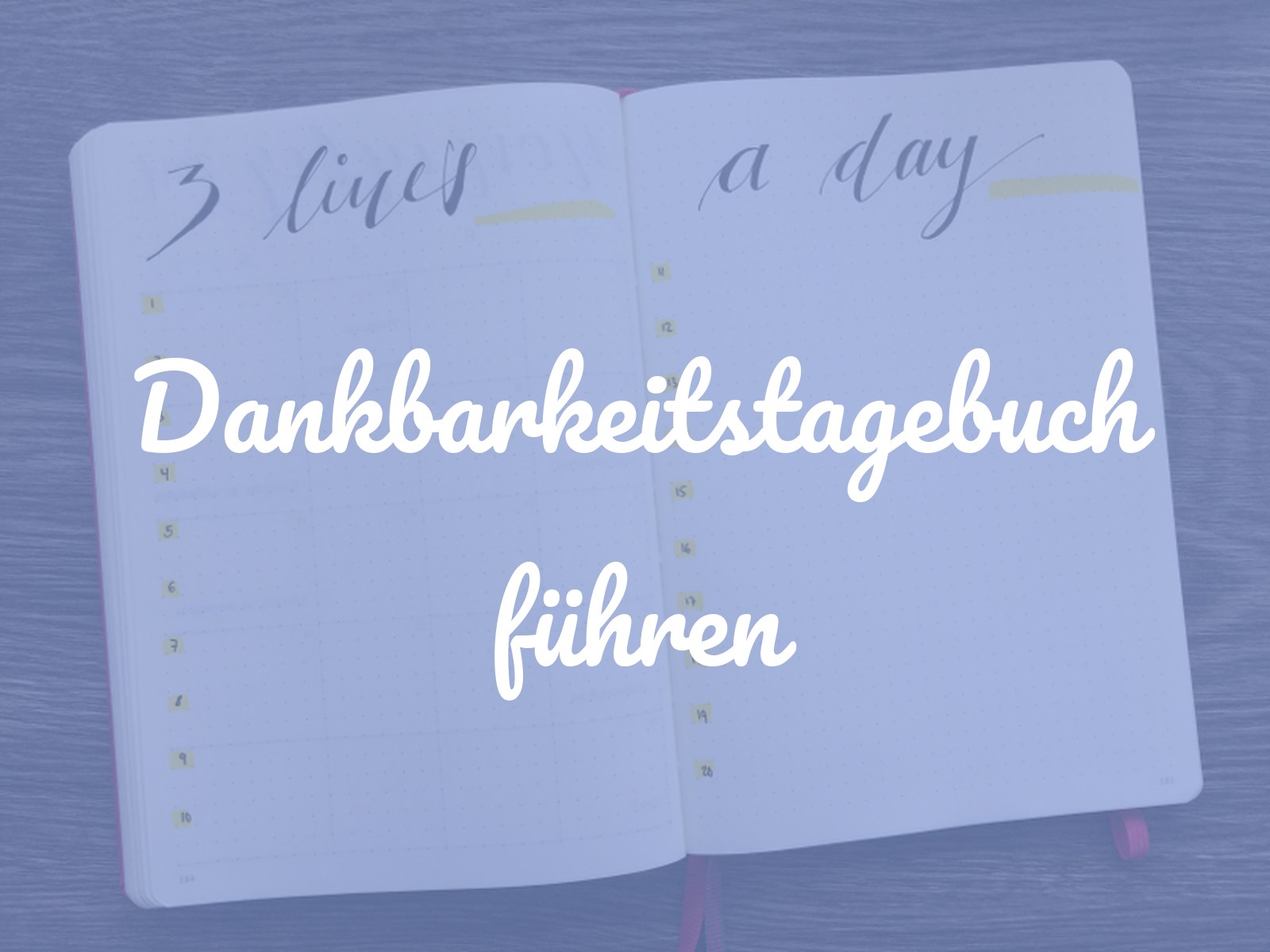 Aufgeschlagenes Bullet Journal mit einer Doppelseite 3 lines a day, nummerierte Tage mit gelber Markierung und Platz für ein paar Zeilen pro Tag